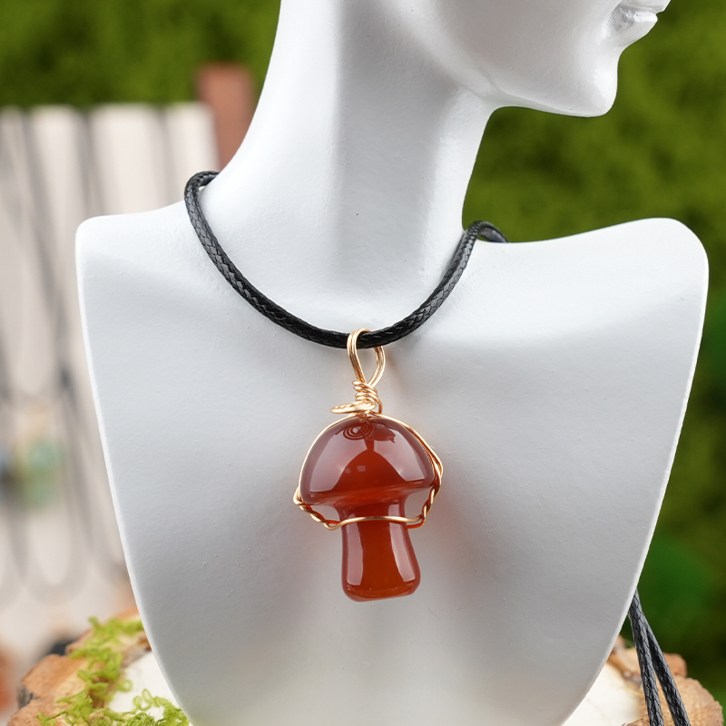 Gold Color Wire Wrapped Mushroom Pendant Necklace with Crystal Gemstone for Women Girls, Bohemian Nature Jewelry Gift