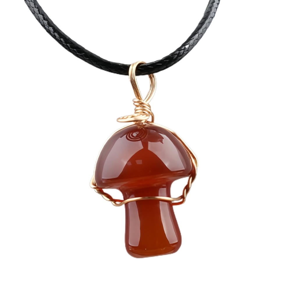 Gold Color Wire Wrapped Mushroom Pendant Necklace with Crystal Gemstone for Women Girls, Bohemian Nature Jewelry Gift