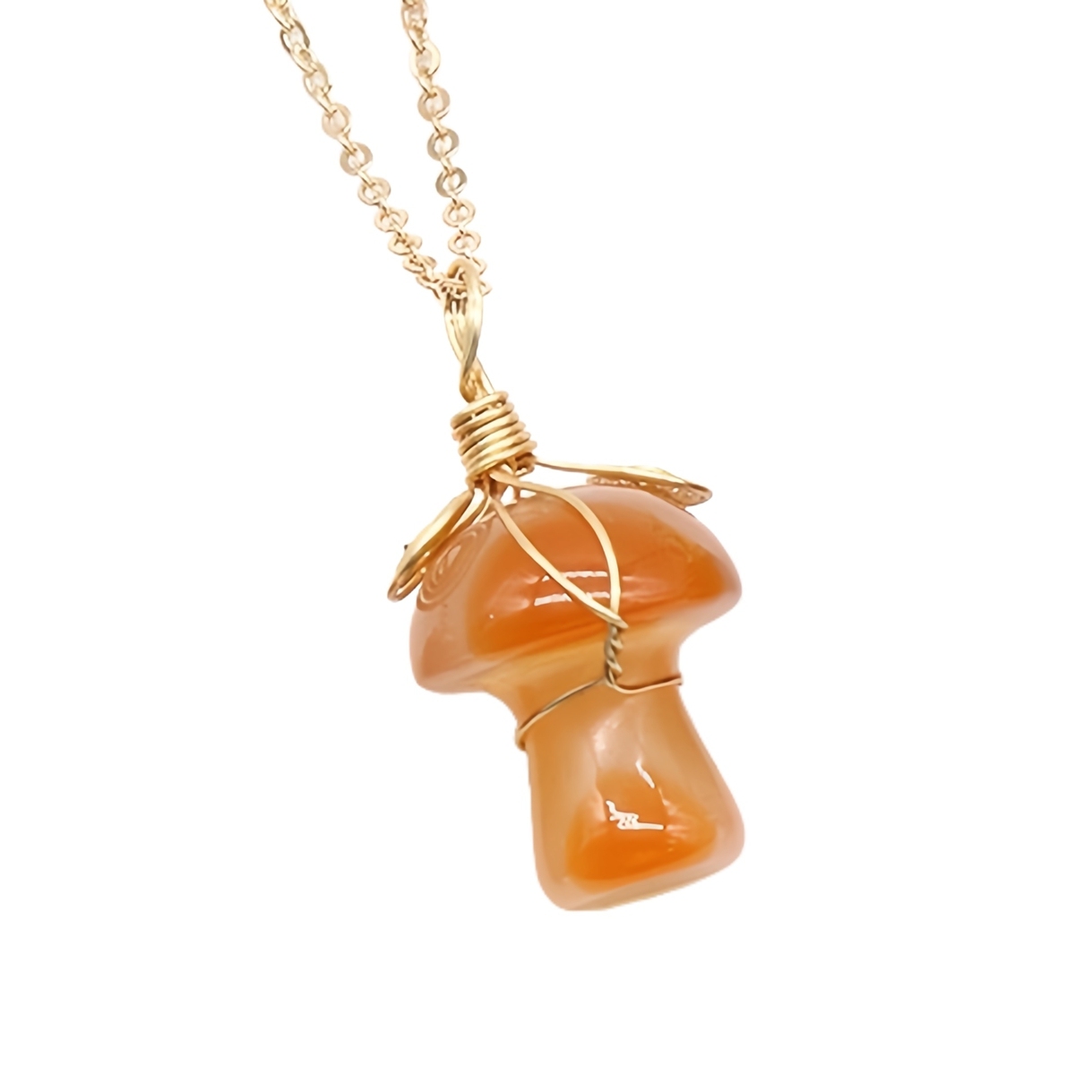 Gold Color Wire Wrapped Mushroom Pendant Necklace with Crystal Gemstone for Women Girls, Bohemian Nature Jewelry Gift