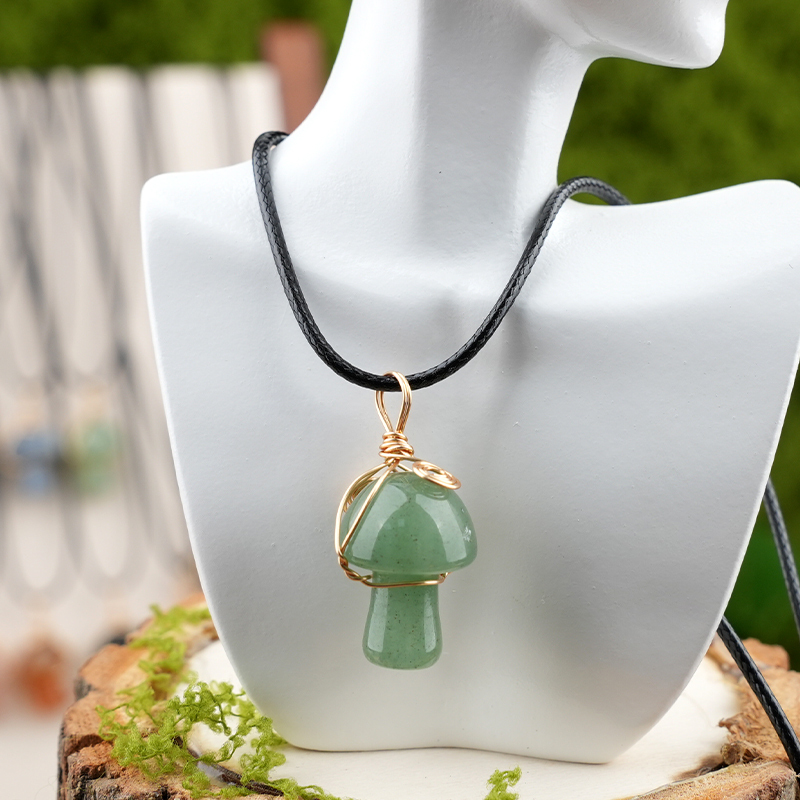 Gold Color Wire Wrapped Mushroom Pendant Necklace with Crystal Gemstone for Women Girls, Bohemian Nature Jewelry Gift