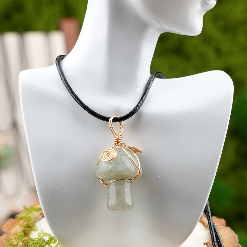 Gold Color Wire Wrapped Mushroom Pendant Necklace with Crystal Gemstone for Women Girls, Bohemian Nature Jewelry Gift