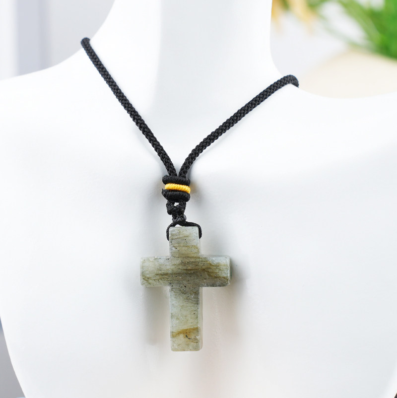 22x30mm Cross Shaped Gemstone Necklace Black Rope Drilled Horizontal Hole Charms Pendant Jewelry