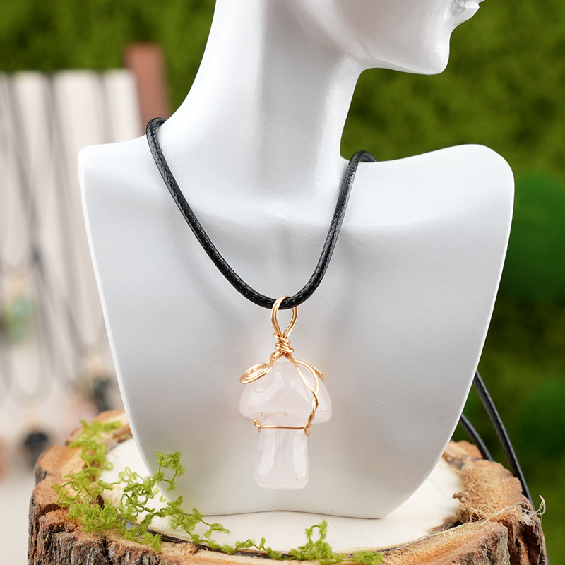 Gold Color Wire Wrapped Mushroom Pendant Necklace with Crystal Gemstone for Women Girls, Bohemian Nature Jewelry Gift