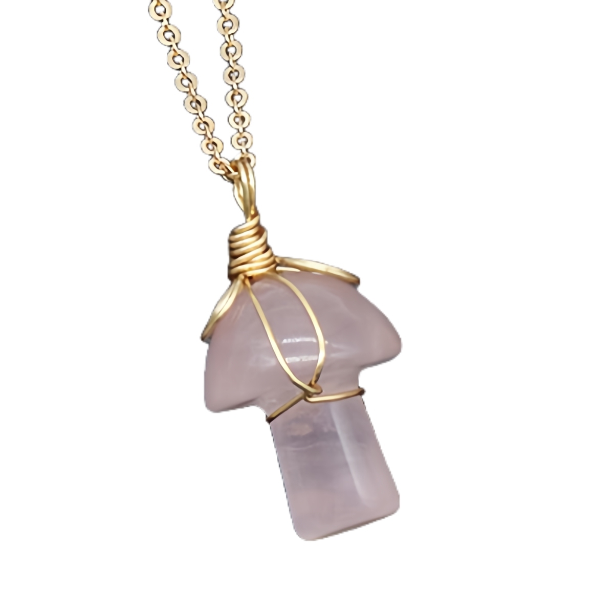 Gold Color Wire Wrapped Mushroom Pendant Necklace with Crystal Gemstone for Women Girls, Bohemian Nature Jewelry Gift