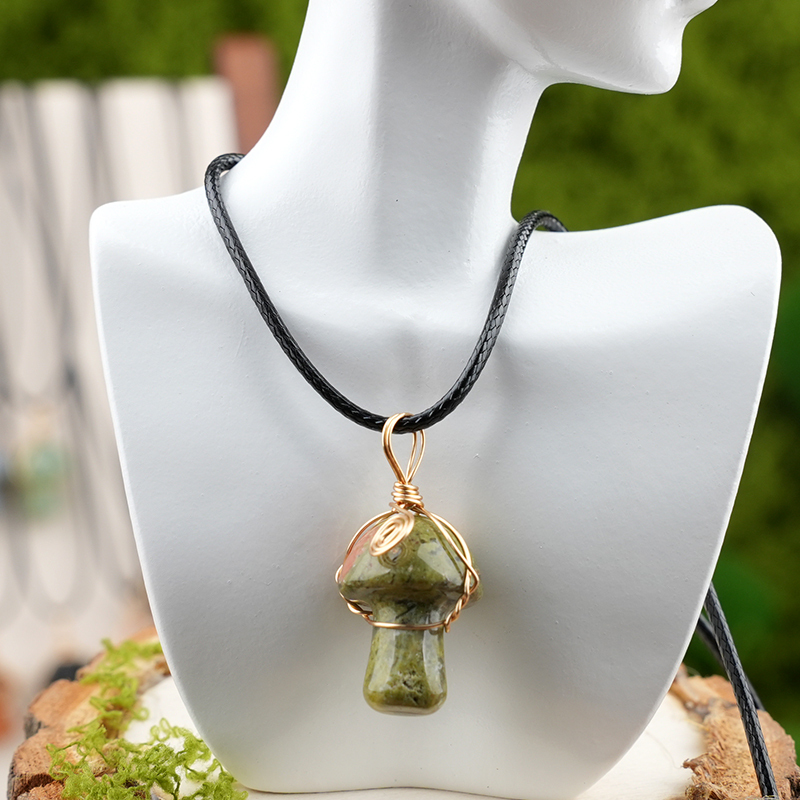 Gold Color Wire Wrapped Mushroom Pendant Necklace with Crystal Gemstone for Women Girls, Bohemian Nature Jewelry Gift