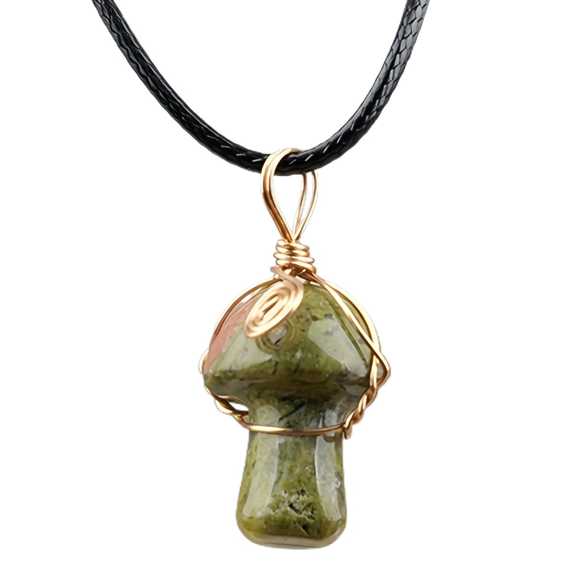 Gold Color Wire Wrapped Mushroom Pendant Necklace with Crystal Gemstone for Women Girls, Bohemian Nature Jewelry Gift