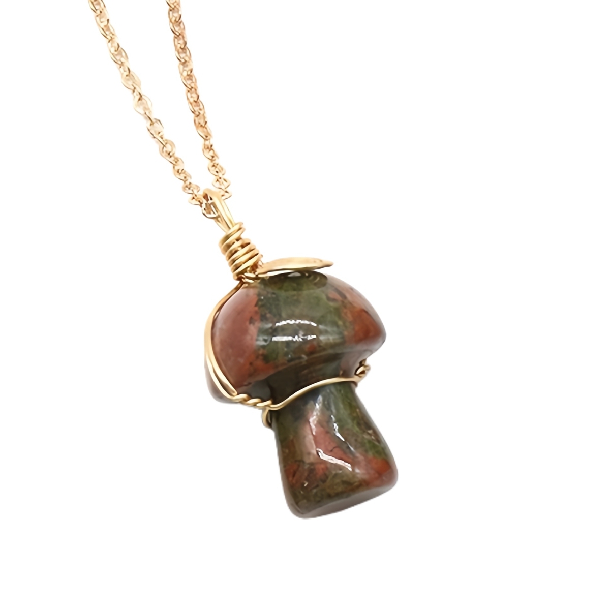 Gold Color Wire Wrapped Mushroom Pendant Necklace with Crystal Gemstone for Women Girls, Bohemian Nature Jewelry Gift