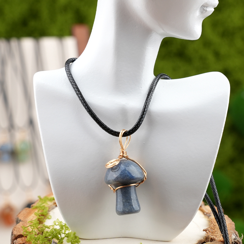 Gold Color Wire Wrapped Mushroom Pendant Necklace with Crystal Gemstone for Women Girls, Bohemian Nature Jewelry Gift