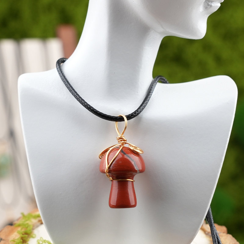 Gold Color Wire Wrapped Mushroom Pendant Necklace with Crystal Gemstone for Women Girls, Bohemian Nature Jewelry Gift