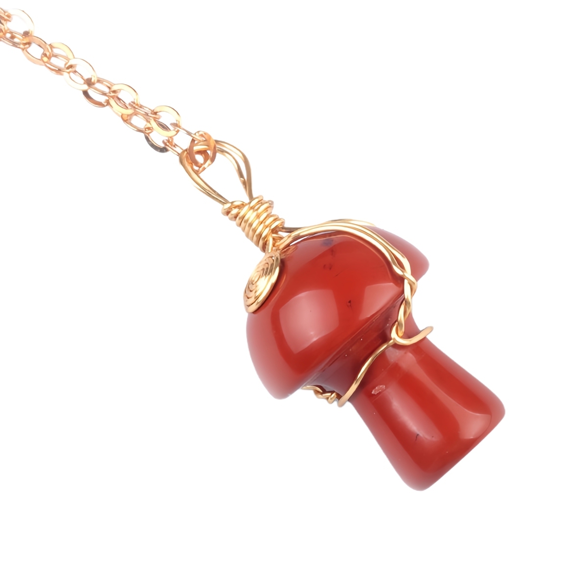 Gold Color Wire Wrapped Mushroom Pendant Necklace with Crystal Gemstone for Women Girls, Bohemian Nature Jewelry Gift