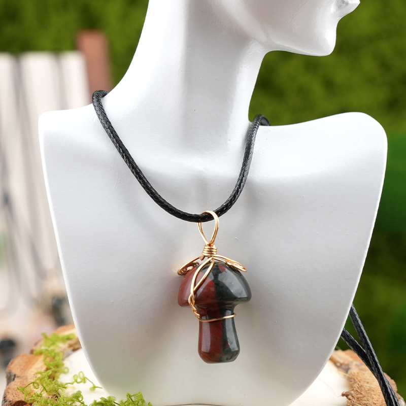 Gold Color Wire Wrapped Mushroom Pendant Necklace with Crystal Gemstone for Women Girls, Bohemian Nature Jewelry Gift