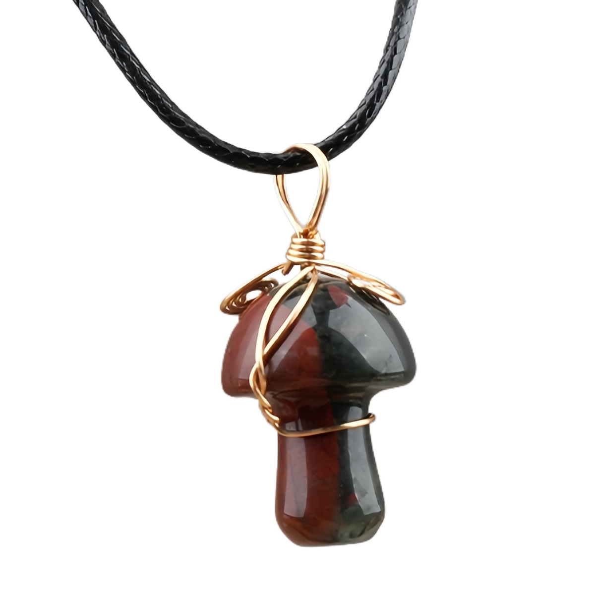Gold Color Wire Wrapped Mushroom Pendant Necklace with Crystal Gemstone for Women Girls, Bohemian Nature Jewelry Gift