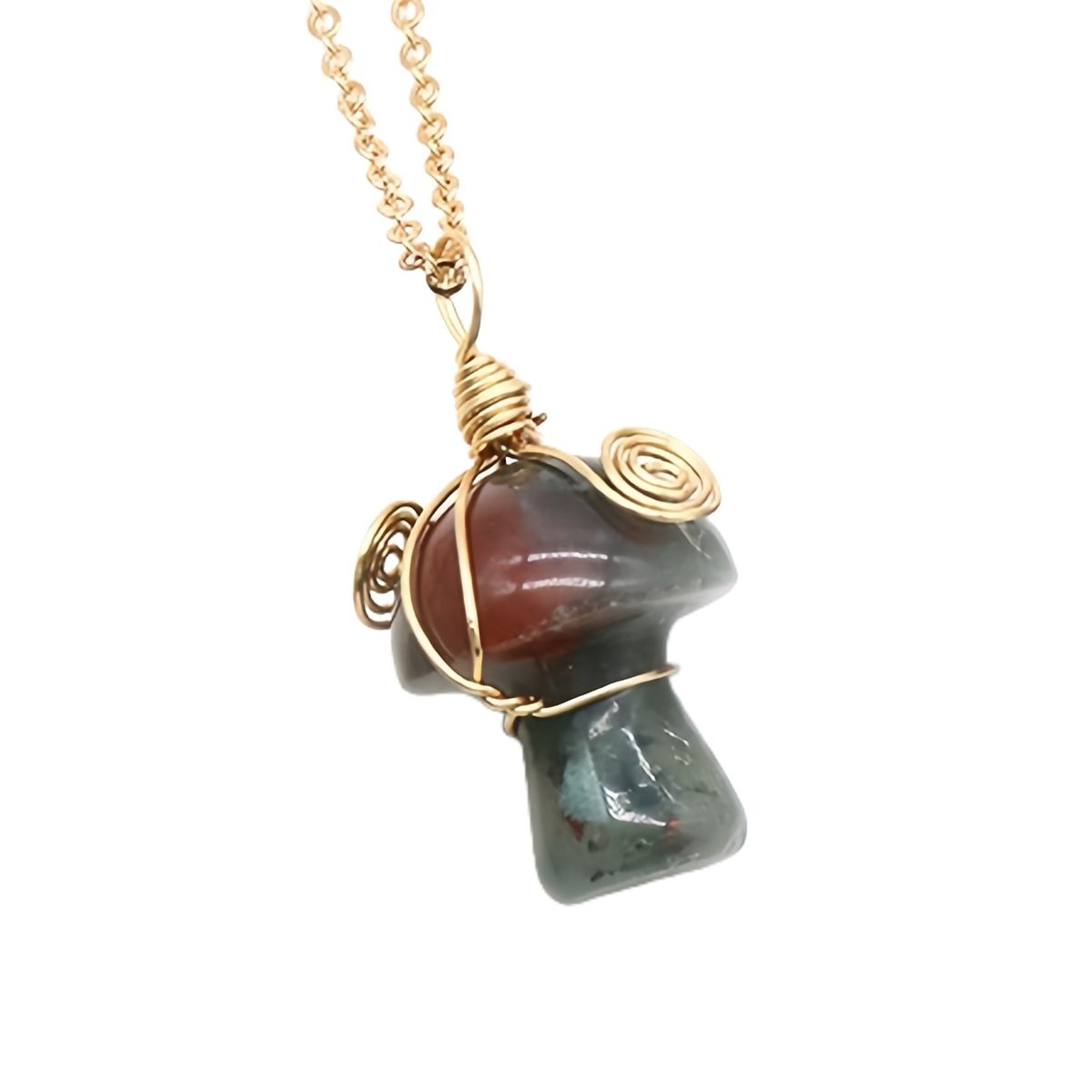 Gold Color Wire Wrapped Mushroom Pendant Necklace with Crystal Gemstone for Women Girls, Bohemian Nature Jewelry Gift
