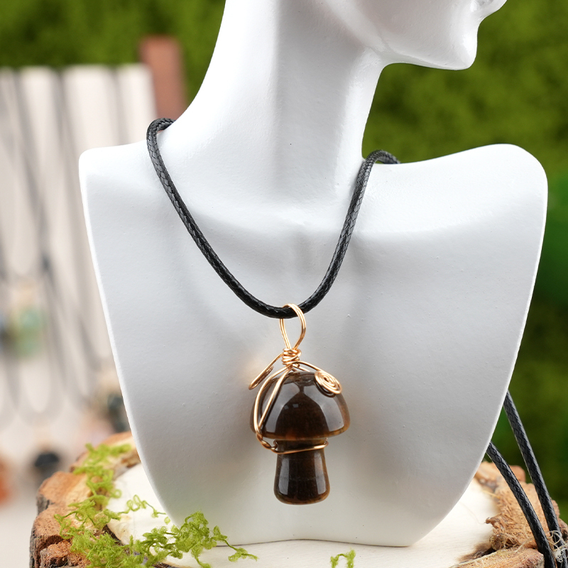 Gold Color Wire Wrapped Mushroom Pendant Necklace with Crystal Gemstone for Women Girls, Bohemian Nature Jewelry Gift