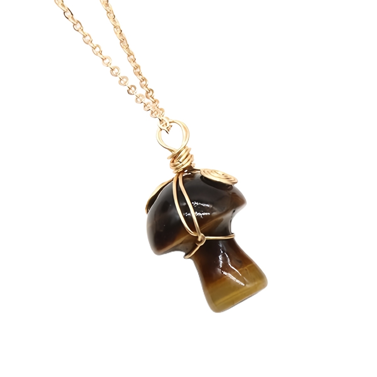 Gold Color Wire Wrapped Mushroom Pendant Necklace with Crystal Gemstone for Women Girls, Bohemian Nature Jewelry Gift