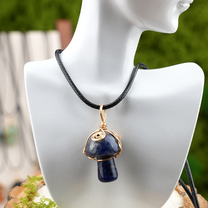 Gold Color Wire Wrapped Mushroom Pendant Necklace with Crystal Gemstone for Women Girls, Bohemian Nature Jewelry Gift