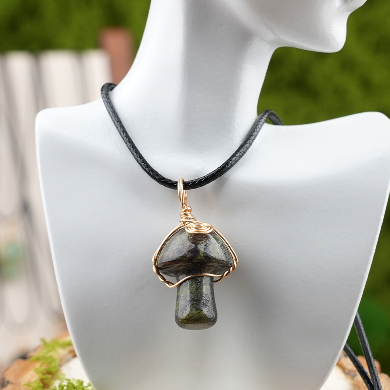 Gold Color Wire Wrapped Mushroom Pendant Necklace with Crystal Gemstone for Women Girls, Bohemian Nature Jewelry Gift