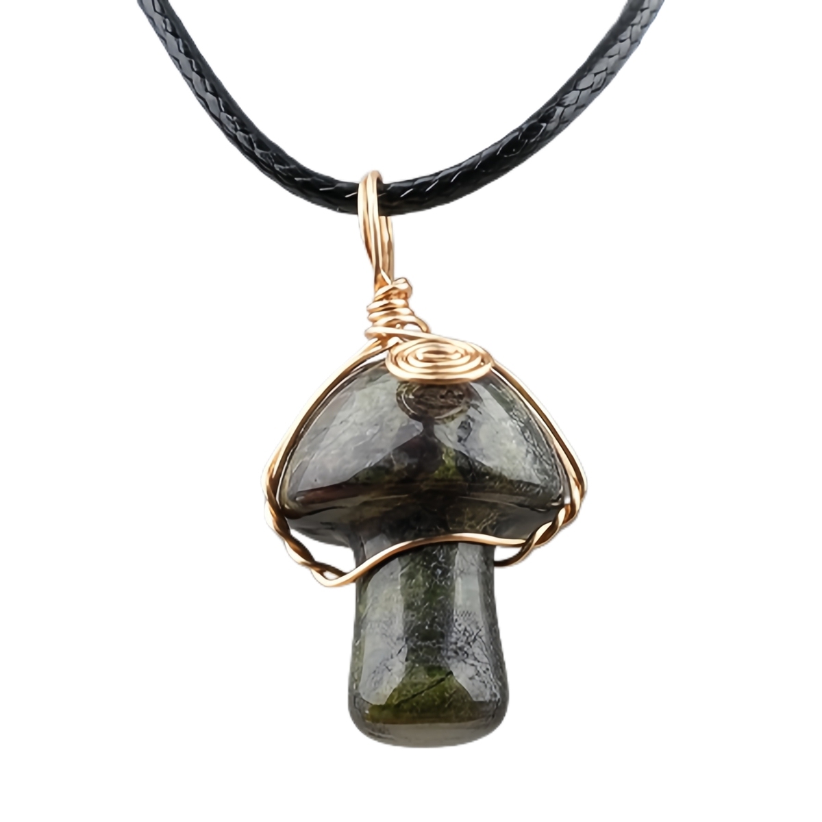 Gold Color Wire Wrapped Mushroom Pendant Necklace with Crystal Gemstone for Women Girls, Bohemian Nature Jewelry Gift