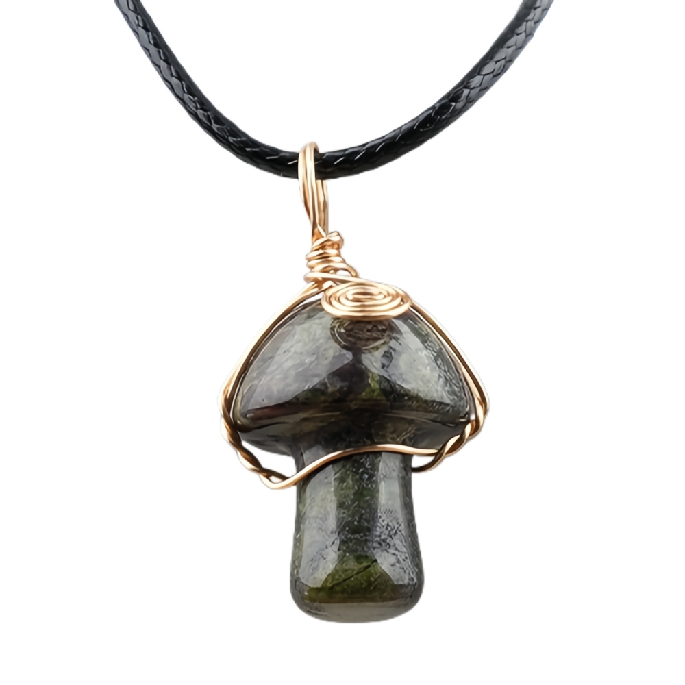 Gold Color Wire Wrapped Mushroom Pendant Necklace with Crystal Gemstone for Women Girls, Bohemian Nature Jewelry Gift