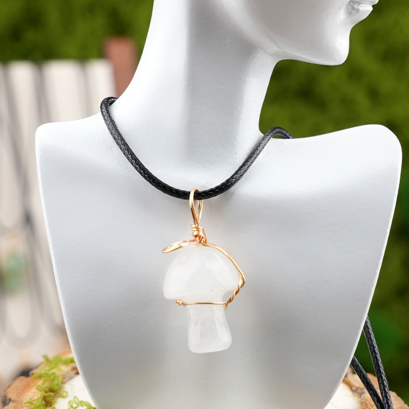 Gold Color Wire Wrapped Mushroom Pendant Necklace with Crystal Gemstone for Women Girls, Bohemian Nature Jewelry Gift