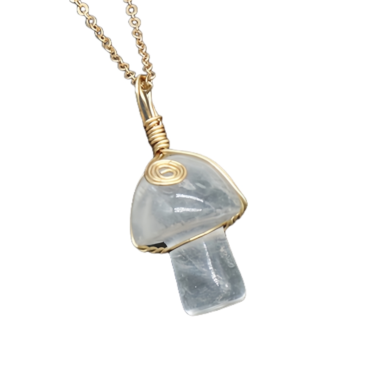 Gold Color Wire Wrapped Mushroom Pendant Necklace with Crystal Gemstone for Women Girls, Bohemian Nature Jewelry Gift