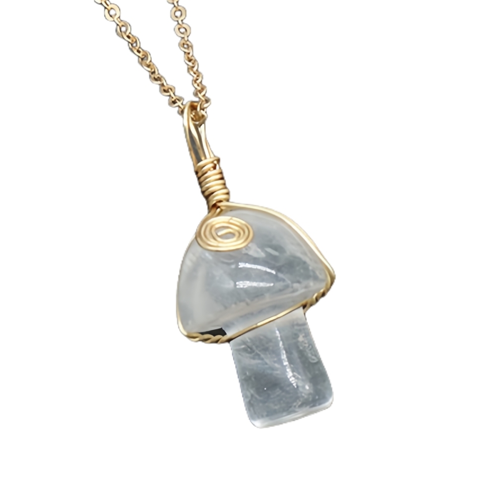 Gold Color Wire Wrapped Mushroom Pendant Necklace with Crystal Gemstone for Women Girls, Bohemian Nature Jewelry Gift