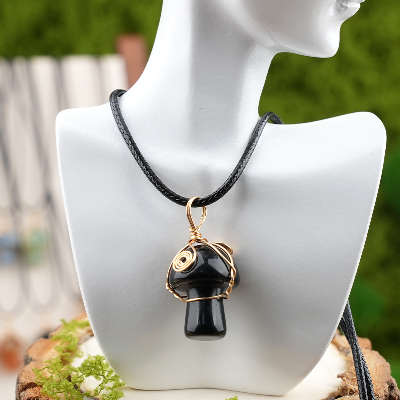 Gold Color Wire Wrapped Mushroom Pendant Necklace with Crystal Gemstone for Women Girls, Bohemian Nature Jewelry Gift