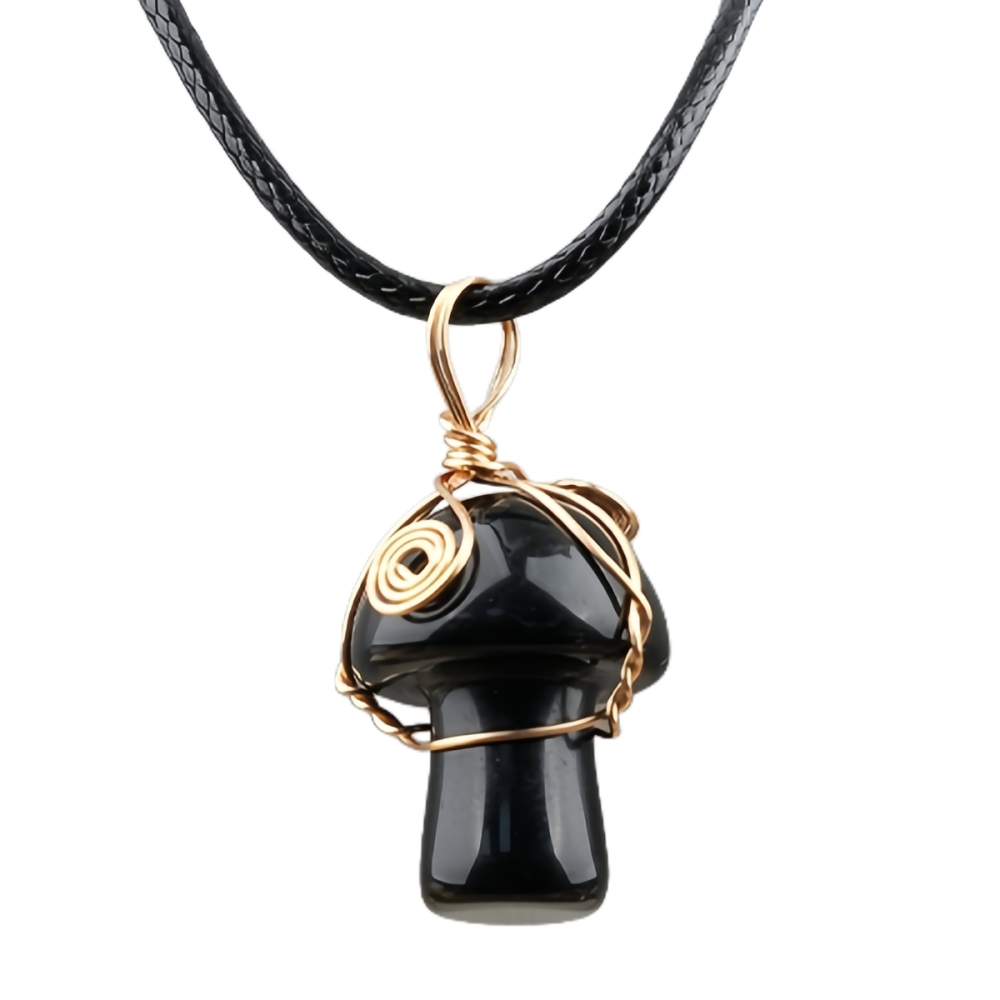 Gold Color Wire Wrapped Mushroom Pendant Necklace with Crystal Gemstone for Women Girls, Bohemian Nature Jewelry Gift
