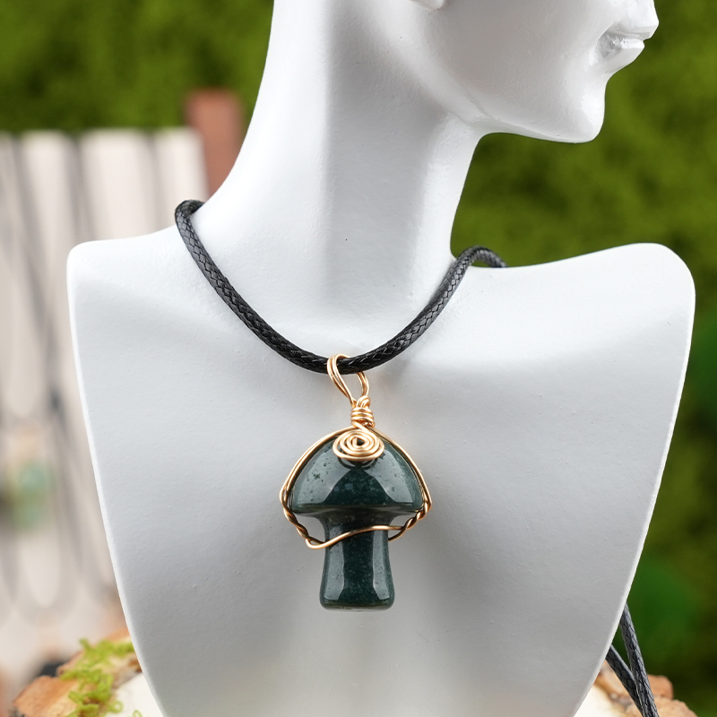 Gold Color Wire Wrapped Mushroom Pendant Necklace with Crystal Gemstone for Women Girls, Bohemian Nature Jewelry Gift