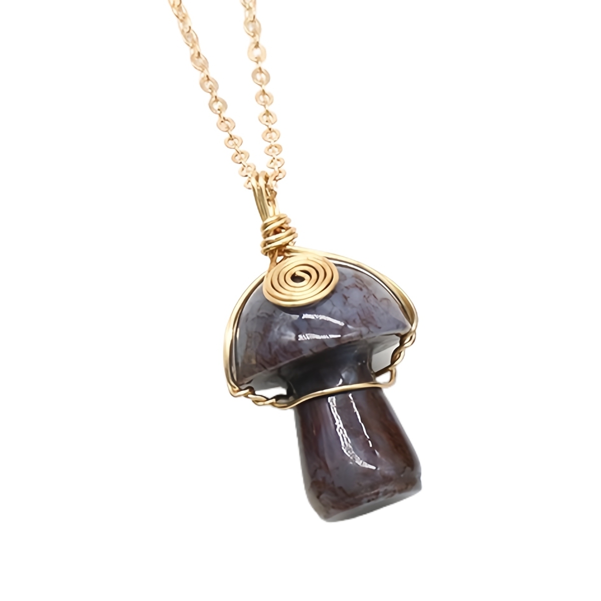 Gold Color Wire Wrapped Mushroom Pendant Necklace with Crystal Gemstone for Women Girls, Bohemian Nature Jewelry Gift