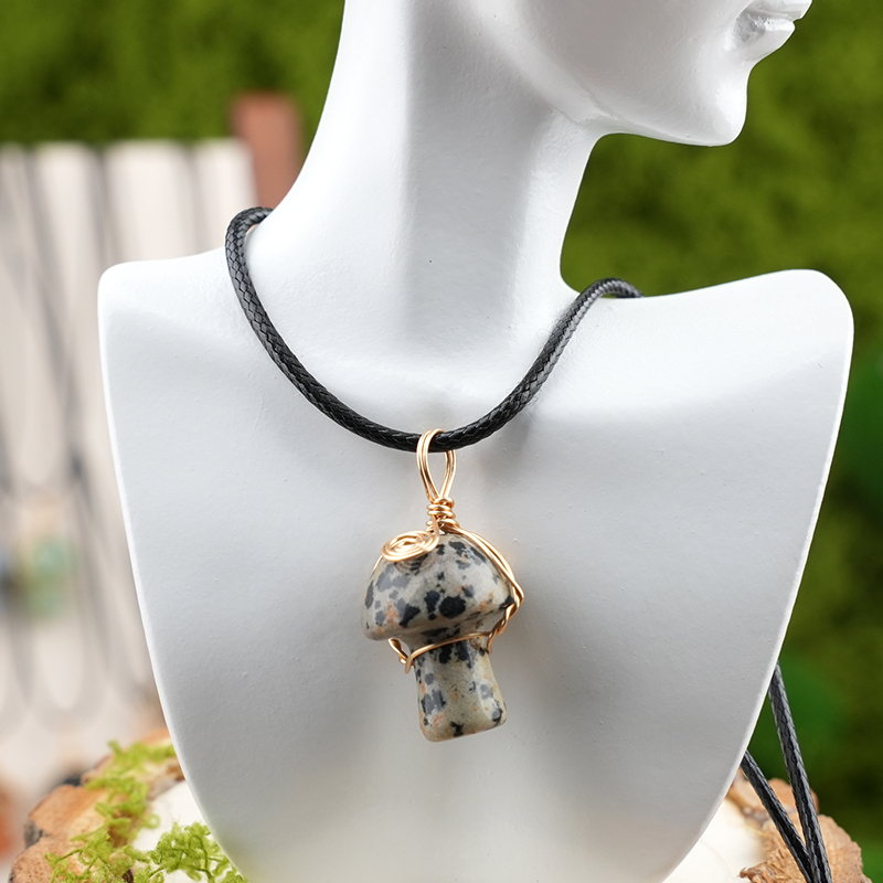 Gold Color Wire Wrapped Mushroom Pendant Necklace with Crystal Gemstone for Women Girls, Bohemian Nature Jewelry Gift