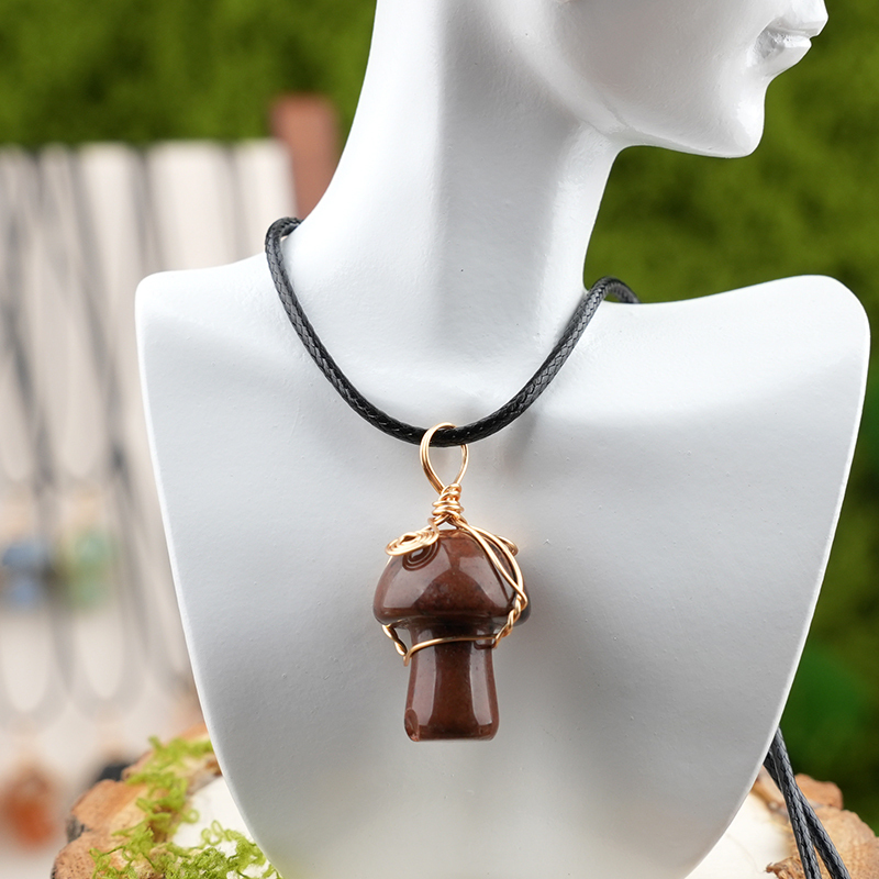 Gold Color Wire Wrapped Mushroom Pendant Necklace with Crystal Gemstone for Women Girls, Bohemian Nature Jewelry Gift