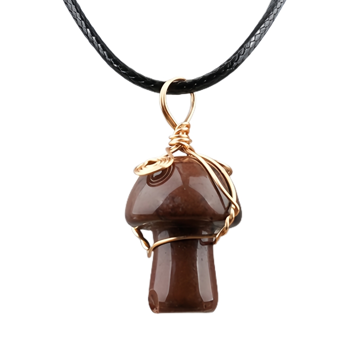 Gold Color Wire Wrapped Mushroom Pendant Necklace with Crystal Gemstone for Women Girls, Bohemian Nature Jewelry Gift