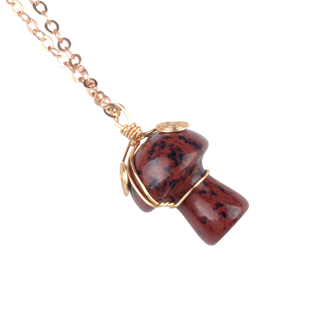 Gold Color Wire Wrapped Mushroom Pendant Necklace with Crystal Gemstone for Women Girls, Bohemian Nature Jewelry Gift
