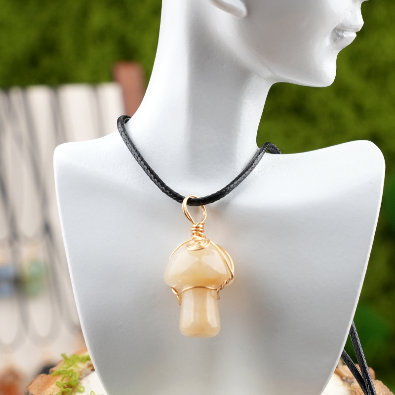 Gold Color Wire Wrapped Mushroom Pendant Necklace with Crystal Gemstone for Women Girls, Bohemian Nature Jewelry Gift
