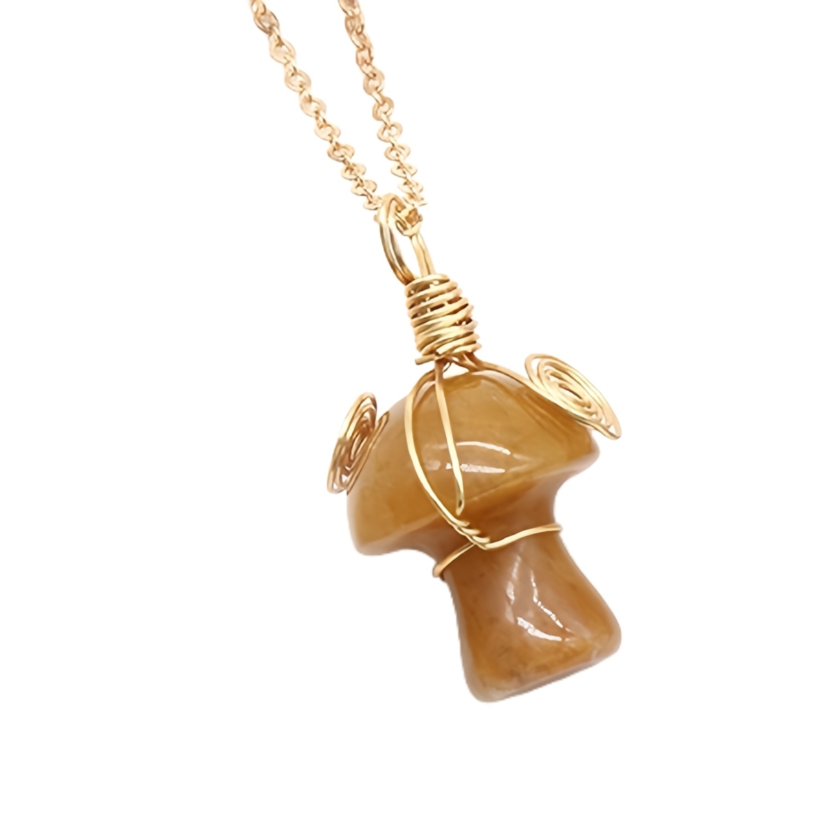 Gold Color Wire Wrapped Mushroom Pendant Necklace with Crystal Gemstone for Women Girls, Bohemian Nature Jewelry Gift