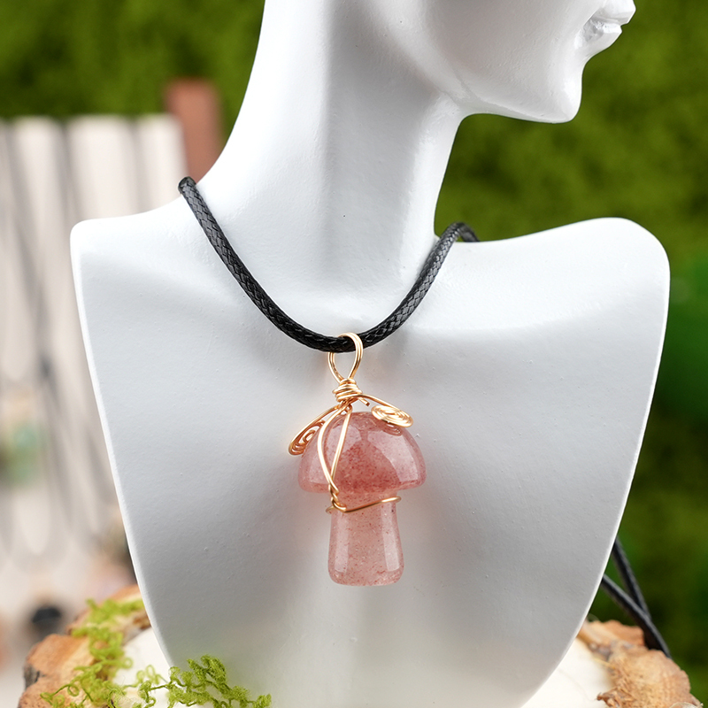 Gold Color Wire Wrapped Mushroom Pendant Necklace with Crystal Gemstone for Women Girls, Bohemian Nature Jewelry Gift