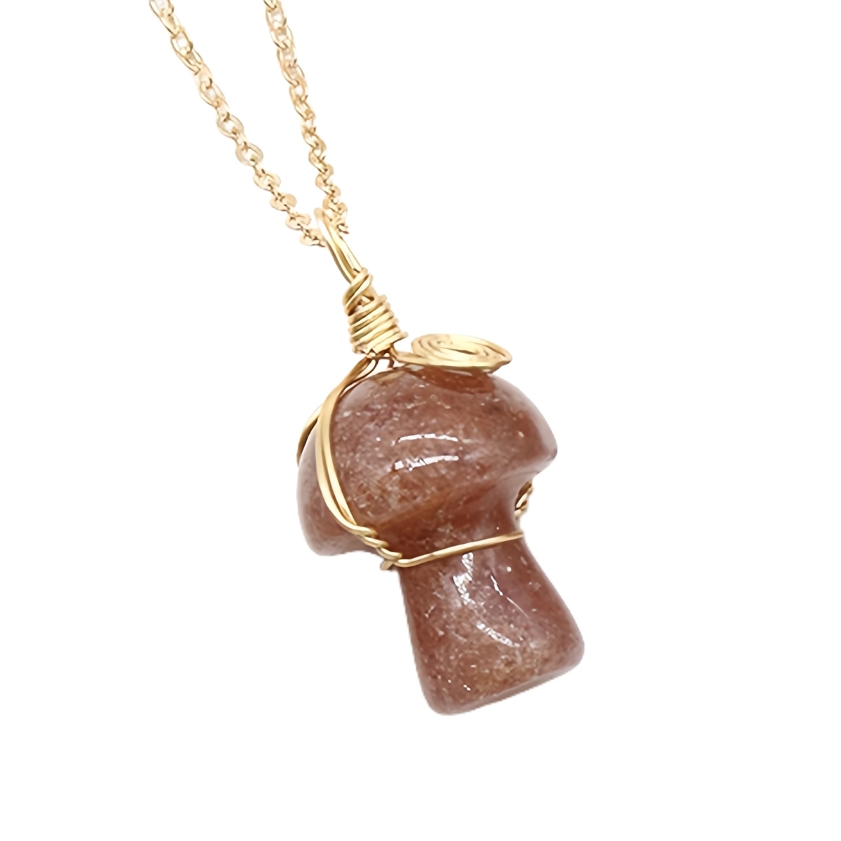 Gold Color Wire Wrapped Mushroom Pendant Necklace with Crystal Gemstone for Women Girls, Bohemian Nature Jewelry Gift