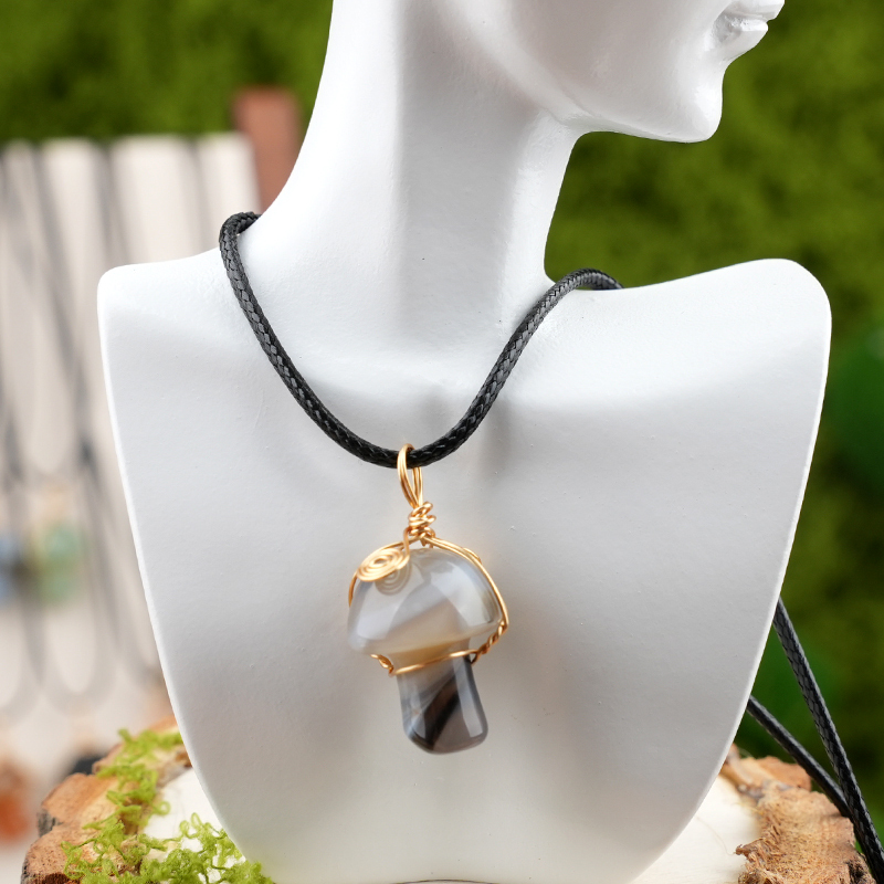 Gold Color Wire Wrapped Mushroom Pendant Necklace with Crystal Gemstone for Women Girls, Bohemian Nature Jewelry Gift