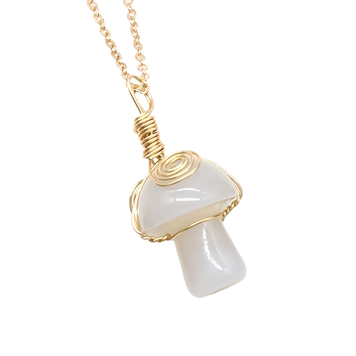 Gold Color Wire Wrapped Mushroom Pendant Necklace with Crystal Gemstone for Women Girls, Bohemian Nature Jewelry Gift