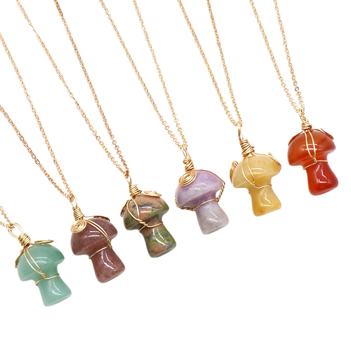 Gold Color Wire Wrapped Mushroom Pendant Necklace with Crystal Gemstone for Women Girls, Bohemian Nature Jewelry Gift