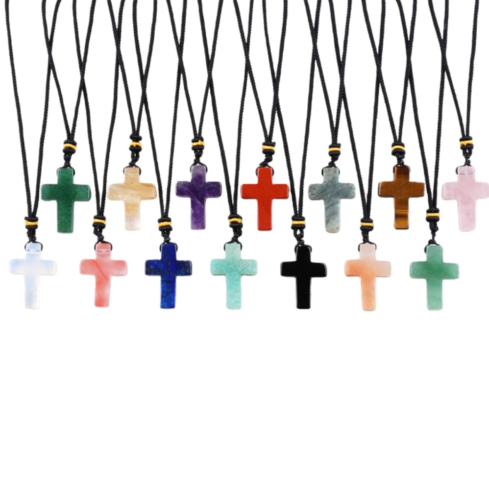 22x30mm Cross Shaped Gemstone Necklace Black Rope Drilled Horizontal Hole Charms Pendant Jewelry