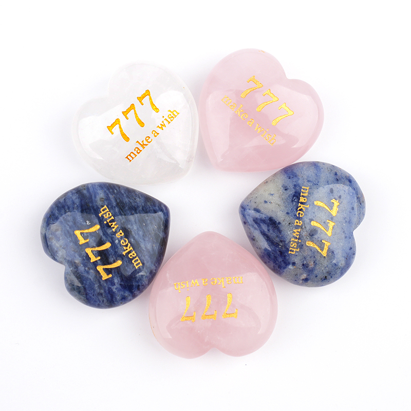 Angel Number 777 Engraved Heart, 30mm Lucky Gemstone Gift for Love, Protection & Good Fortune Home Office Decoration