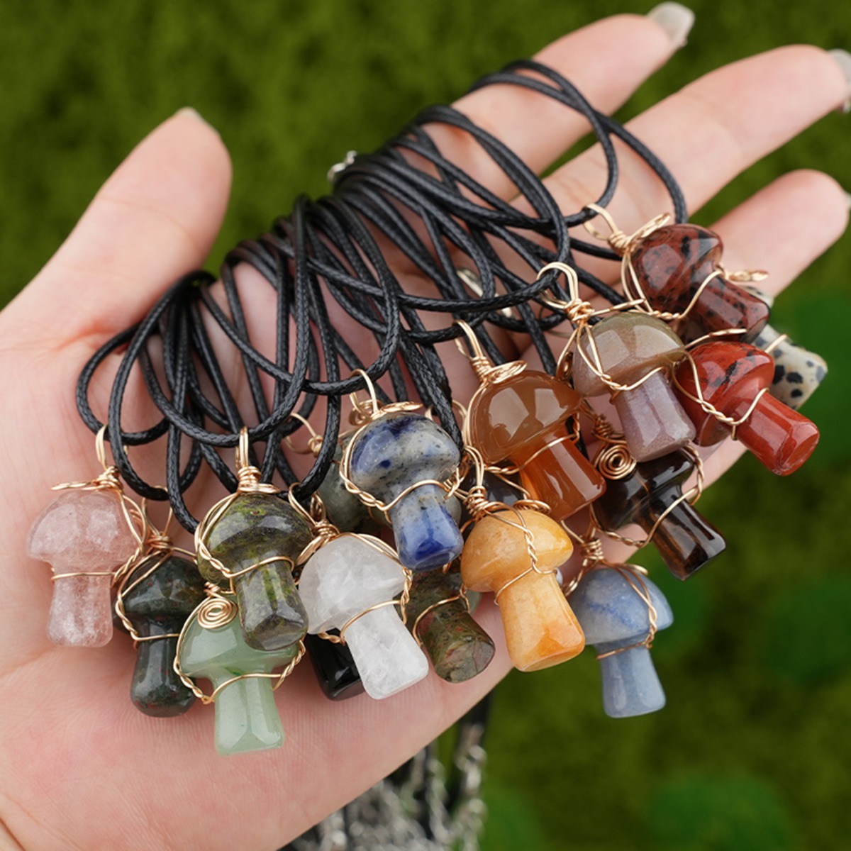 Gold Color Wire Wrapped Mushroom Pendant Necklace with Crystal Gemstone for Women Girls, Bohemian Nature Jewelry Gift