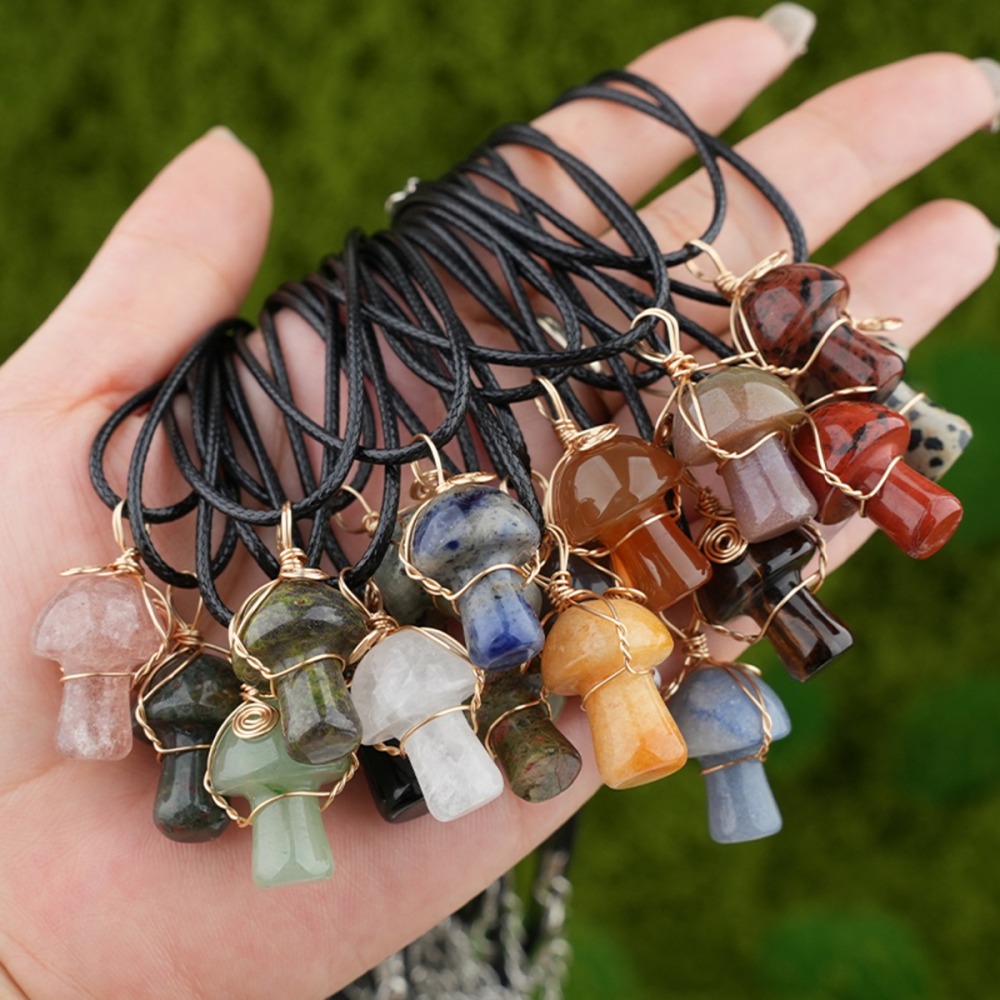 Gold Color Wire Wrapped Mushroom Pendant Necklace with Crystal Gemstone for Women Girls, Bohemian Nature Jewelry Gift
