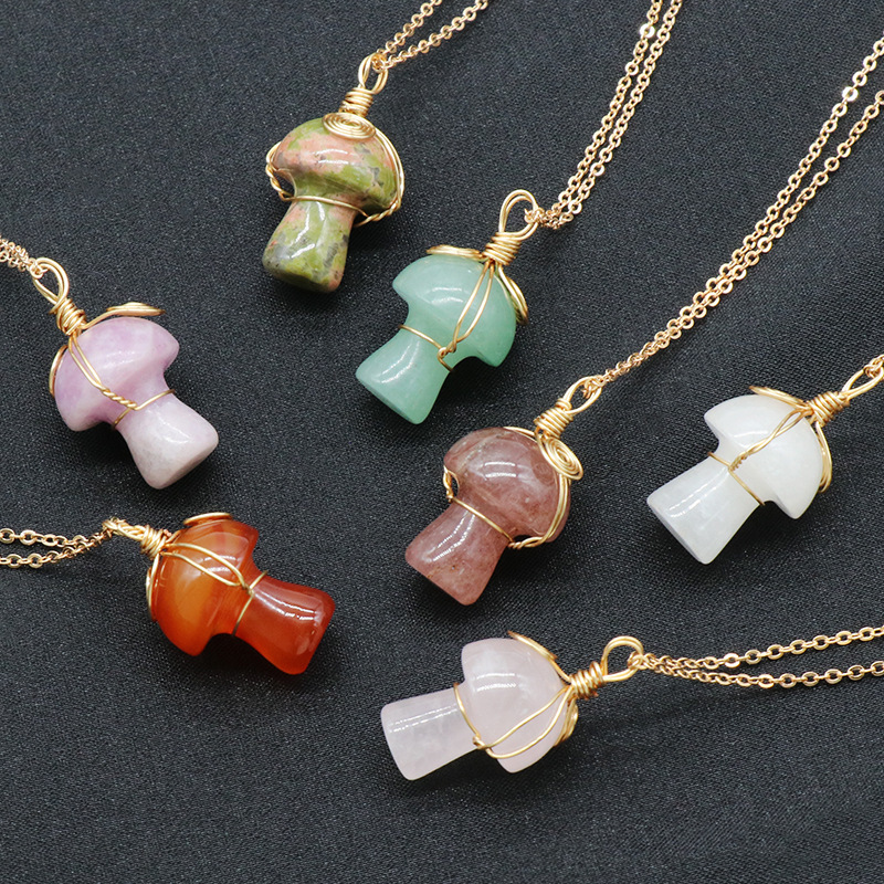 Gold Color Wire Wrapped Mushroom Pendant Necklace with Crystal Gemstone for Women Girls, Bohemian Nature Jewelry Gift