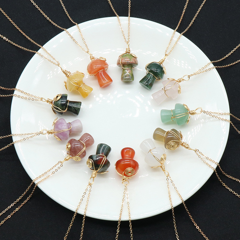 Gold Color Wire Wrapped Mushroom Pendant Necklace with Crystal Gemstone for Women Girls, Bohemian Nature Jewelry Gift