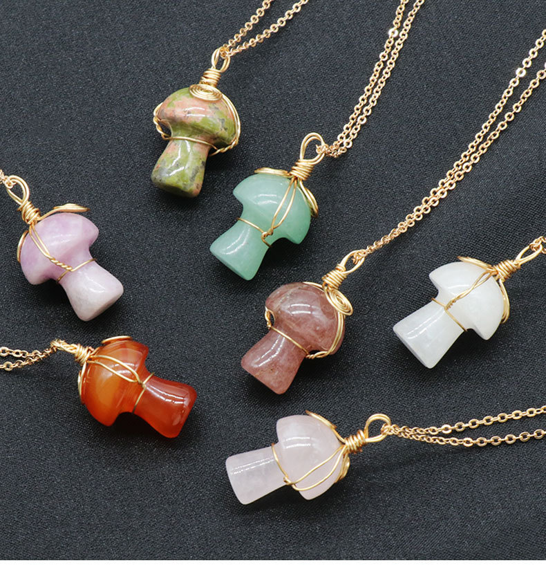 Gold Color Wire Wrapped Mushroom Pendant Necklace with Crystal Gemstone for Women Girls, Bohemian Nature Jewelry Gift