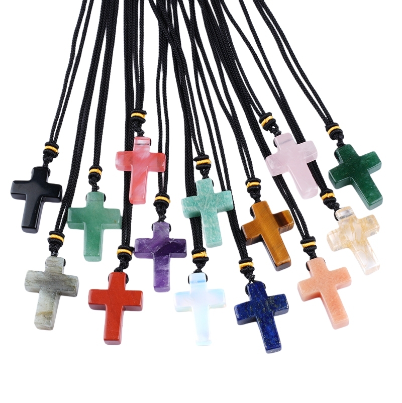 22x30mm Cross Shaped Gemstone Necklace Black Rope Drilled Horizontal Hole Charms Pendant Jewelry