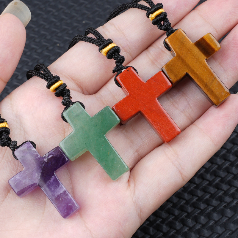 22x30mm Cross Shaped Gemstone Necklace Black Rope Drilled Horizontal Hole Charms Pendant Jewelry